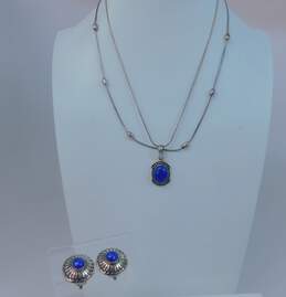 Artisan 925 Lapis Lazuli Granulated Pendant & Oval Bead Station Necklaces & Cabochon Stamped Dome Clip On Earrings 22g
