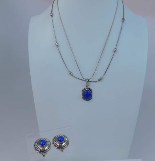 Artisan 925 Lapis Lazuli Granulated Pendant & Oval Bead Station Necklaces & Cabochon Stamped Dome Clip On Earrings 22g image number 1