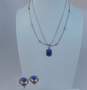 Artisan 925 Lapis Lazuli Granulated Pendant & Oval Bead Station Necklaces & Cabochon Stamped Dome Clip On Earrings 22g image number 1