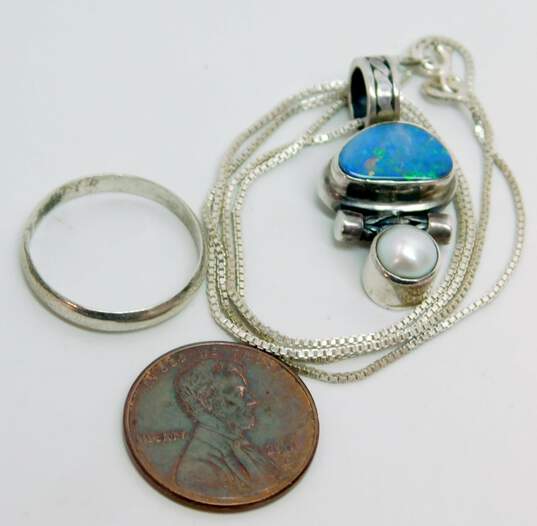 Artisan 925 Blue Opal Cabochon & White Pearl Byzantine Chain Accent Pendant Necklace & Band Ring 8.5g image number 6