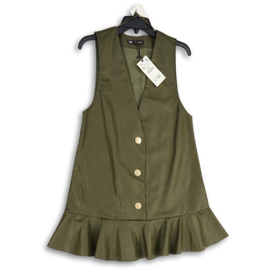 NWT Womens Green Sleeveless V-Neck Ruffle Hem Short A-Line Dress Size Medium image number 1