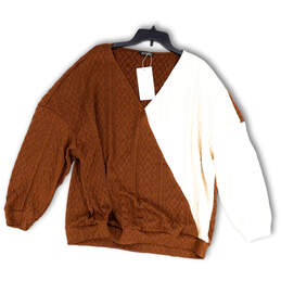 NWT Womens Brown White Knitted V-Neck Long Sleeve Pullover Sweater Size 18-20