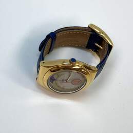 Designer Swatch Watch Gold Tone Blue Leather Strap Analog Dial Quartz Wristwatch alternative image