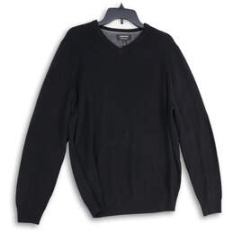 Mens Black Tight-Knit V-Neck Long Sleeve Pullover Sweater Size Large
