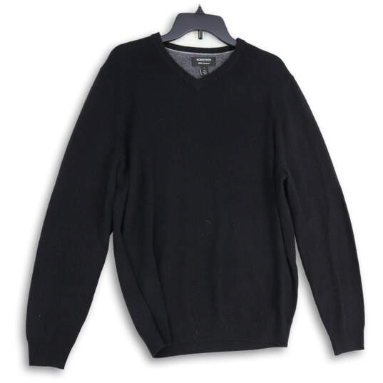 Mens Black Tight-Knit V-Neck Long Sleeve Pullover Sweater Size Large image number 1