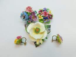 Vintage Porcelain Painted Floral Brooches & Screw Back Earrings 64.3g