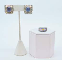 Romantic 925 Faceted Purple Glass & Marcasite Rectangle Clip On Earrings & Colorful Cubic Zirconia Band Ring 22g