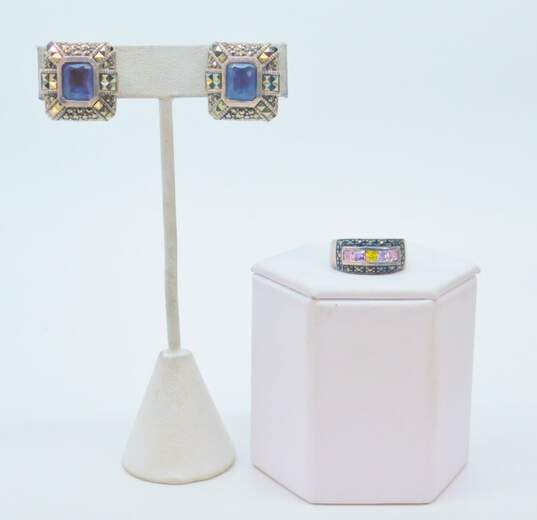 Romantic 925 Faceted Purple Glass & Marcasite Rectangle Clip On Earrings & Colorful Cubic Zirconia Band Ring 22g image number 1