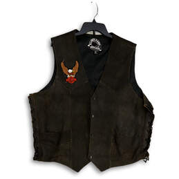 Mens Black Embroidered Sleeveless Button Front Motorcycle Vest Size 50