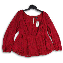 NWT Womens Red Lace Sweetheart Neck Long Sleeve Peplum Blouse Top Size 1X