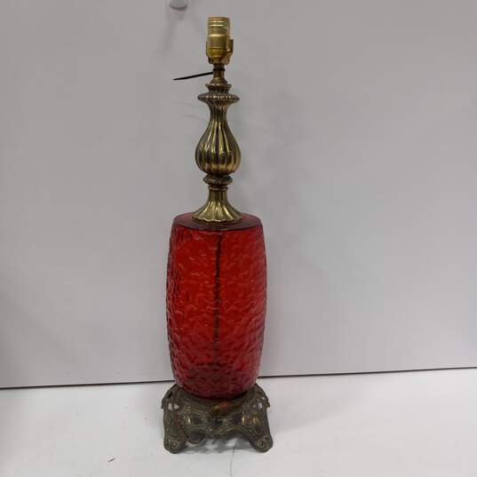 Vintage 1970's EF Industries Textured Ruby Red Table Lamp Brass Hardware image number 1