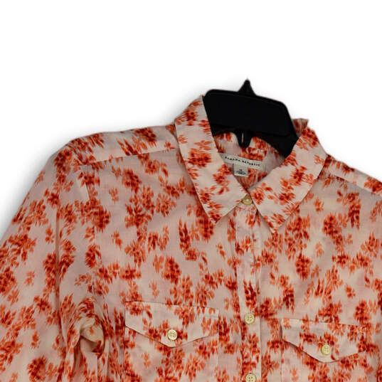 Womens White Orange Floral Long Sleeve Pockets Button-Up Shirt Size M image number 3