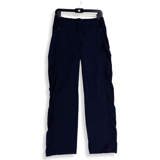 Women Navy Blue Elastic Waist Zipper Pocket Drawstring Ankle Pants Size 6 image number 1