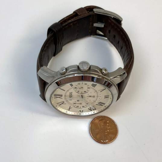 Designer Fossil FS4735 Silver-Tone Brown Leather Strap Chronograph Wristwatch image number 3