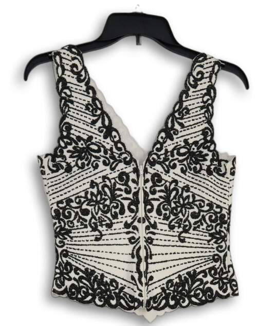 Womens Black White Embroidered Sleeveless Back Zip Blouse Top Size S/P image number 4