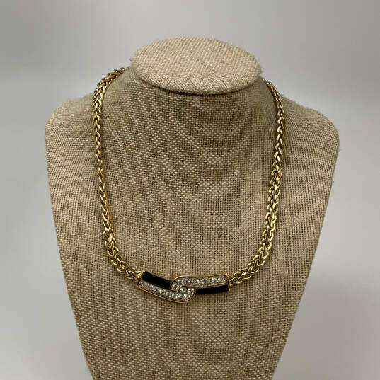 Designer Swarovski Gold-Tone Black Enamel Crystal Stone Chain Necklace image number 1
