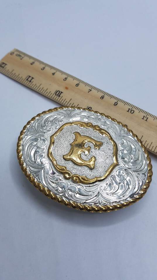 Crumrine Gold And Silver Smith Belt Buckle w / Letter" E" In The Center W/ Case 67.1 image number 8