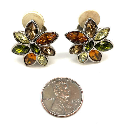 Designer Swarovski Silver-Tone Multicolor Floral Clip On Stud Earrings image number 4