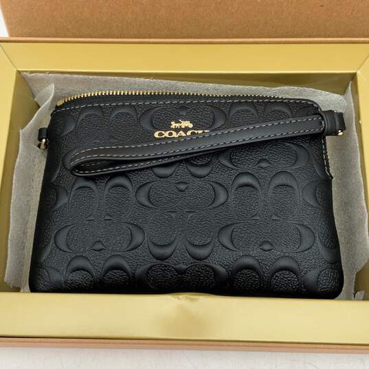 NIB Coach Womens Black Signature Print Coin Purse Wristlet Wallet With Two Charm image number 1