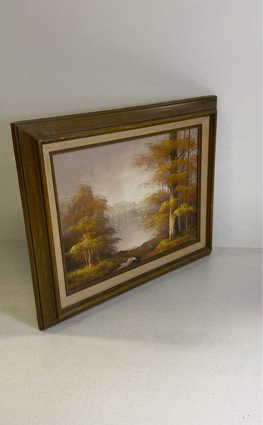 Autumn Birch Trees on the Lake Oil on canvas by C. Liong Signed. Matted & Framed image number 2