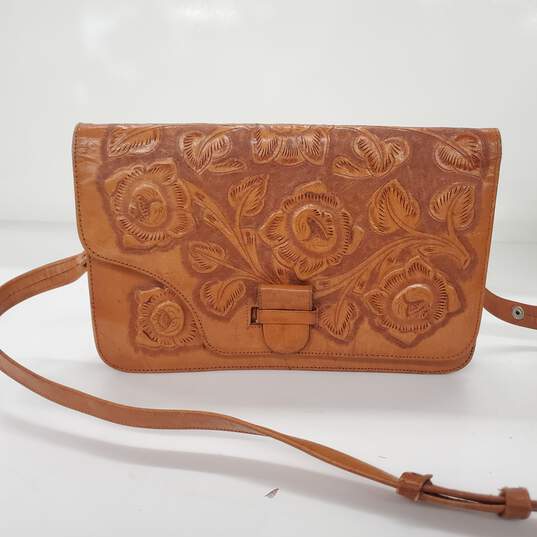 Hand Tooled Brown Leather Calla Lilly Crossbody Bag image number 1