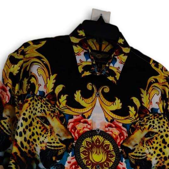Mens Gold Black Floral Long Sleeve Collared Button-Up Shirt Size Large image number 3