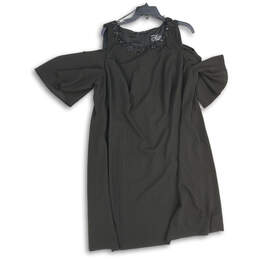 Womens Black Beaded Short Sleeve Cold Shoulder Back Zip Shift Dress Sz 20W