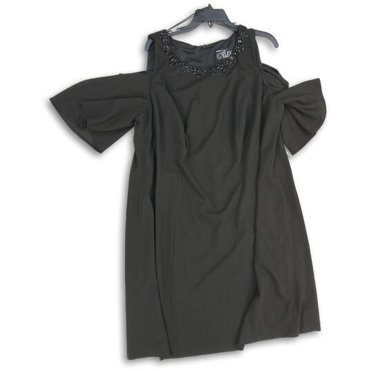 Womens Black Beaded Short Sleeve Cold Shoulder Back Zip Shift Dress Sz 20W image number 1
