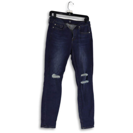 Womens Blue Denim Distressed Dark Wash Pockets Skinny Leg Jeans Size 28R image number 1