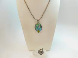 Artisan 925 Abalone & Peridot Pendant Necklace & Butterfly CZ Ring 37.0g