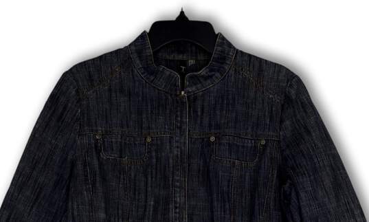 Womens Blue Denim Mandarin Collar Long Sleeve Snap Front Jean Jacket Size M image number 3