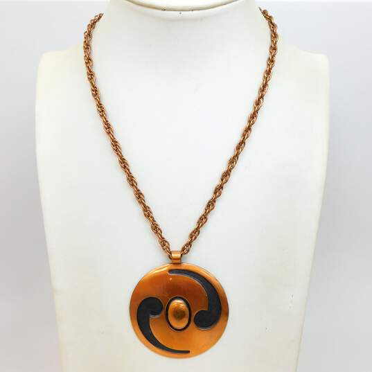 Vintage Bell Trading Post & Artisan Copper MCM Dome Overlay Brushed Disc Pendant Chain Necklace & Textured Wide Cuff Bracelet 60.7g image number 2