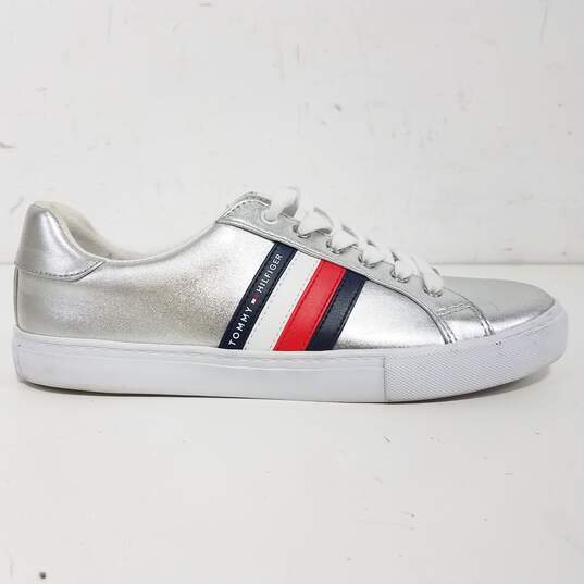 Buy the Tommy Hilfiger Lawson Silver Leather Metallic Stripe Sneakers Shoes Women's Size 9 | GoodwillFinds