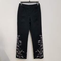 Womens Black Embroidered Pockets Flat Front Straight Leg Trouser Pants Sz 2