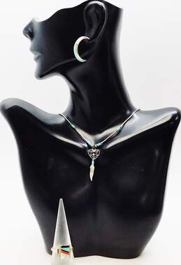 Southwestern 925 Turquoise Necklace & Half Hoop Earrings w/ MOP & Onyx Ring 7.9g