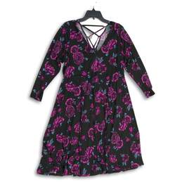 Torrid Womens Black Purple Floral V-Neck Tie Back Long Sleeve A-Line Dress Sz 1