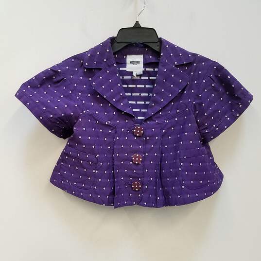 Womens Purple Polka Dot Notch Collar Pockets Button Front Blouse Top Size 4 image number 1