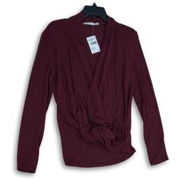 NWT LUSH Womens Maroon Long Sleeve Front Knotted Blouse Top Size M
