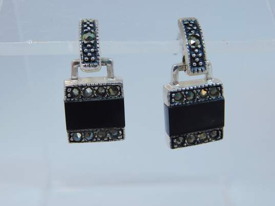 925 Sterling Silver Onyx Drop Earrings Judith Jack Mother of Pearl & Marcasite Station Necklace & CZ Ring 30.1g image number 7