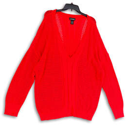 Womens Red V-Neck Long Sleeve Open-Knit Pullover Sweater Size 26/28