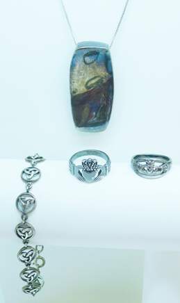 Artisan 925 Modernist Concave Pendant Necklace Celtic Knot Chain Bracelet & Claddagh Band Rings 36g