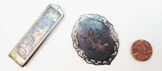 Vintage Siam Sterling 925 Niello Etched Dancer Oval Brooch & Temple Money Clip image number 8