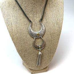 Designer Lucky Brand Two-Tone Black Cord Long Tassel Pendant Necklace