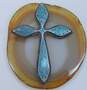 Artisan 925 Southwestern Crushed Turquoise Inlay Stamped Pointed Large Cross Pendant 20g image number 1