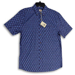 NWT Mens Blue Geometric Short Sleeve Collared Button-Up Shirt Size Large