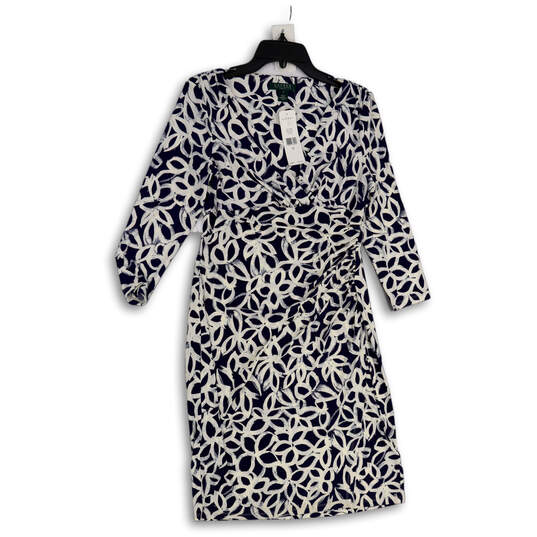 NWT Womens White Blue Floral Long Sleeve Surplice Neck Wrap Dress Size 10 image number 1