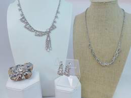 Vintage Silvertone Icy Clear Rhinestone Scalloped & Dangle Bib Necklaces Drop Screw Back Earrings & Star Brooch Pendant 58.1g