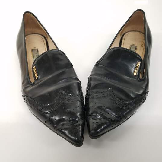 Prada Milano Black Leather Pointed Toe Loafers Women's Size 6 image number 4