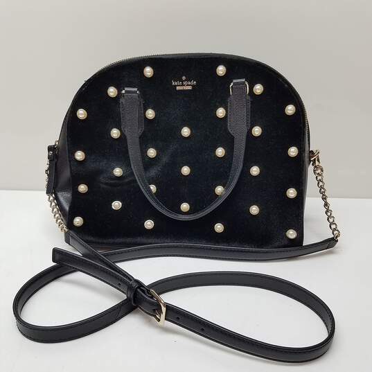 Kate Spade WKRU5625 Laurel Way Reiley Black Pearl Studded Velvet Leather Handbag image number 1