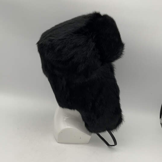 Womens Black Rabbit Fur Adjustable Ear Flap Winter Trapper Hat Size Large image number 3